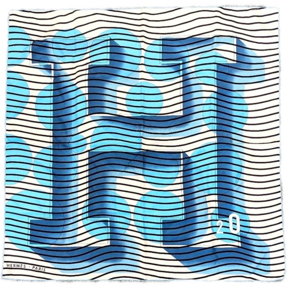 Hermes Blue Water H logo Bali Barret H2O Silk Scarf new never worn 2005 90cm